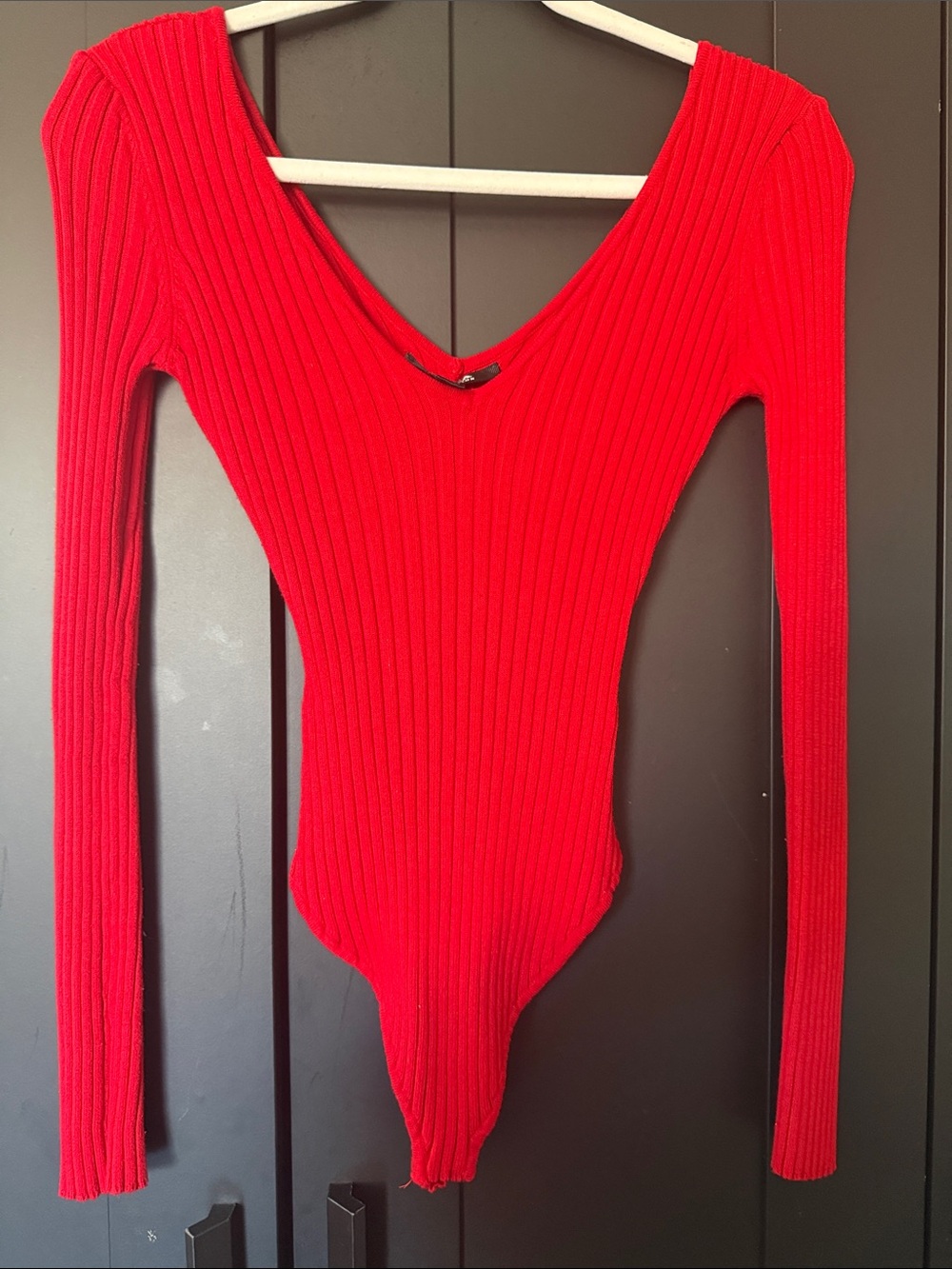 Hera Collection Red Ribbed V-Neck Sweater Bodysuit